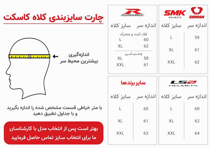 راهنمای سایز کلاه کاسکت 